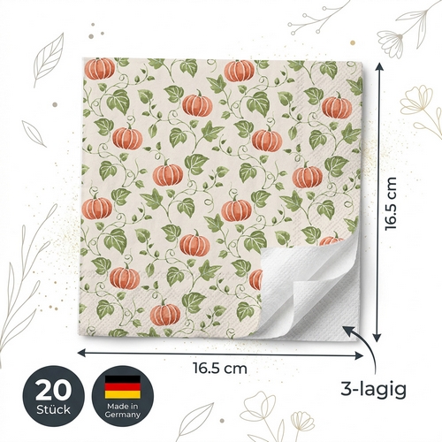 20 Servietten Simple Pumpkin orange - Mini-Kürbisse an Blätter 33x33cm