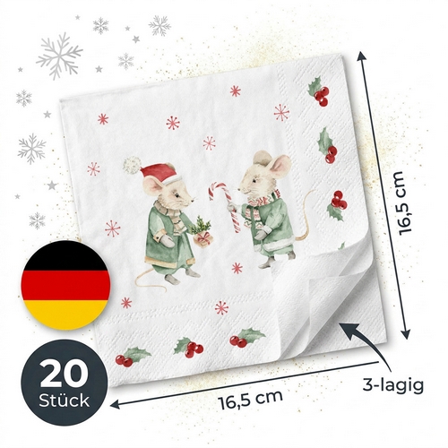 20 Servietten Winter Mice - Weihnachtsmäuse mit Geschenk 33x33cm