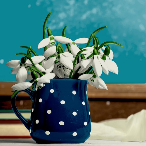 20 Servietten Blue Snowdrops - Schneeglöckchen in Kanne 33x33cm
