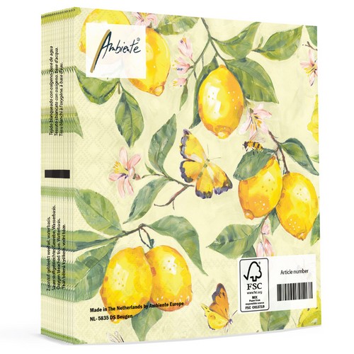 20 Servietten Fresh Lemons yellow - Schmetterlinge an frischen Zitronen gelb 33x33cm