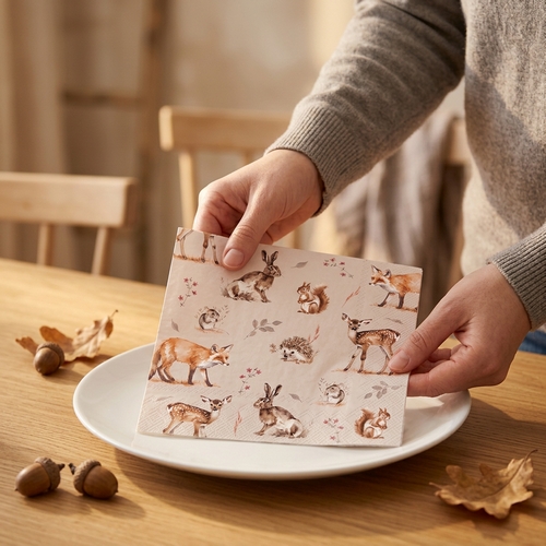 20 Servietten Forest Tales linen - Waldtiere mit einzelnen Blättern 33x33cm