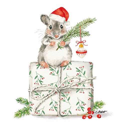 20 Servietten Christmas Fridolin - Weihnachtsmaus auf Geschenk 33x33cm