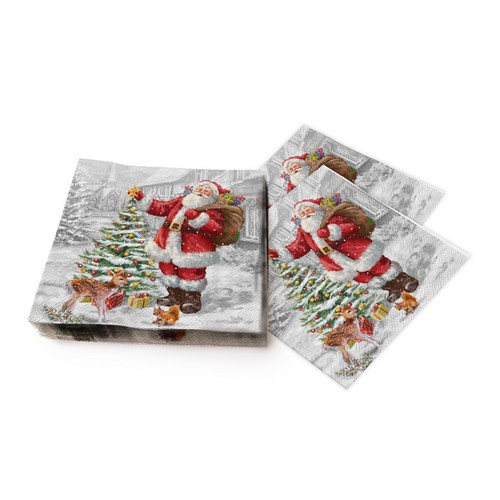 20 Servietten Santas XMas Tree - Santa freut sich über Weihnachtsbaum 33x33cm