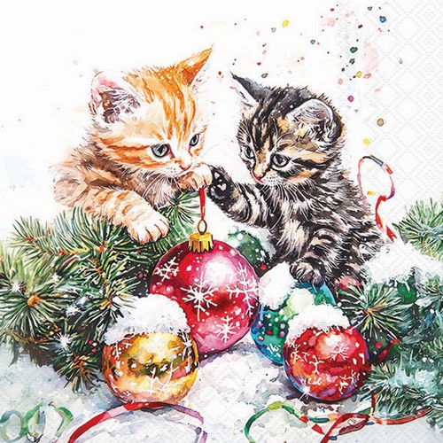 20 Servietten Adorable Kittens - Weihnachtskatzen beim Schmücken 33x33cm