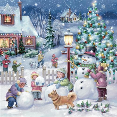 20 Servietten Snowy Winter Village - Kinder mit Spaß am Winter 33x33cm