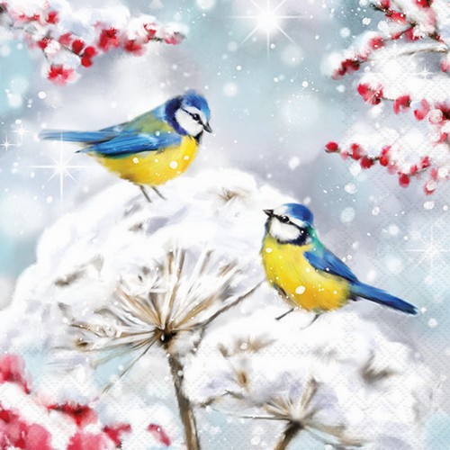 20 Servietten Birds in the Snow - Blaumeisen in verschneiter Natur 33x33cm