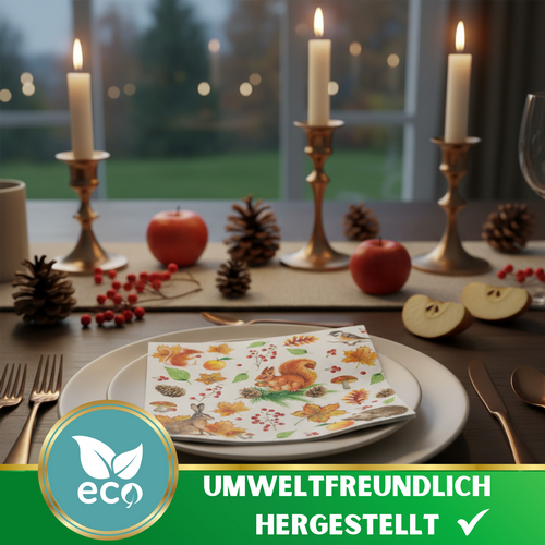 20 Servietten Autumn Moments - Herbstliche Blätter und Tiere  33x33cm