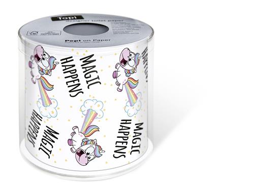 Toilettenpapier Rolle bedruckt Magic happens - Einhorn mit Magie