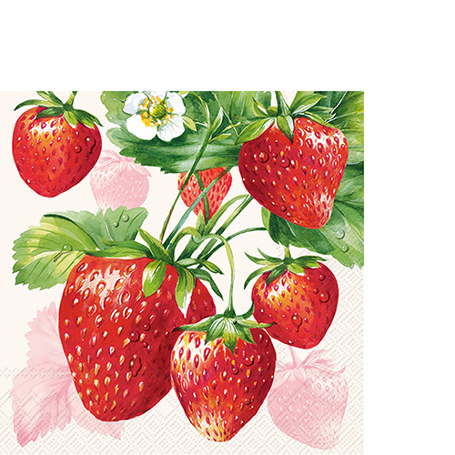 20 kleine Cocktailservietten Strawberry Fruits cream - Große Erdbeeren auf creme 25x25cm