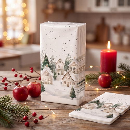 2x 10 Taschentücher Snowy Houses - Weiße Winterhäuser im Wald