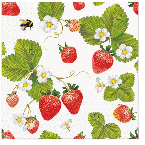 20 Servietten Strawberries with Bees - Rote Erdbeeren mit Blätter 33x33cm