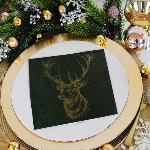 20 Servietten Classic Deer green - Klassischer Hirschkopf grün-gold 33x33cm