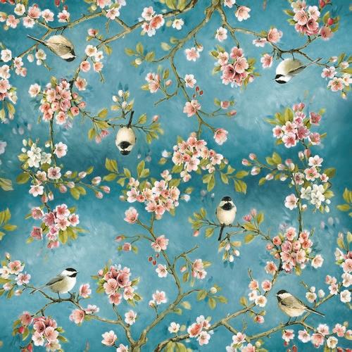 20 Servietten Blossom - Kohlmeisen und Magnolien auf blau 33x33cm