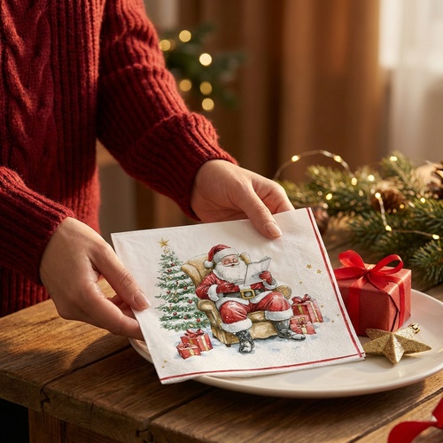 20 Servietten Santa reads Wish Lists - Weihnachtsmann liest vom Zettel 33x33cm