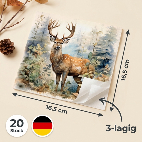 20 Servietten Deer in the Woods - Hirsch im Vinatge-Wald 33x33cm