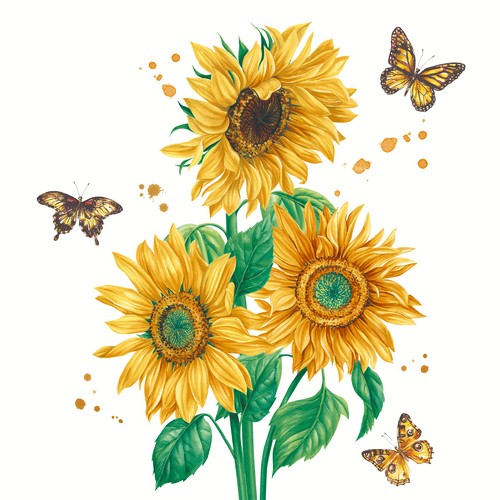20 Servietten Sunshine Bloom - Sonnenblumen mit Schmetterlinge 33x33cm