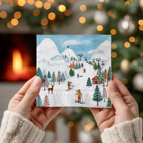 20 kleine Cocktailservietten Winter Joy - Skifahren durch den Winter 25x25cm