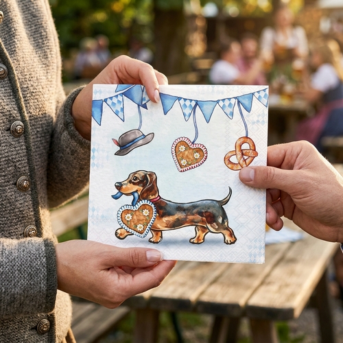 20 Servietten Bavarian Dachshund - Dackel mit Lebkuchenherz 33x33cm