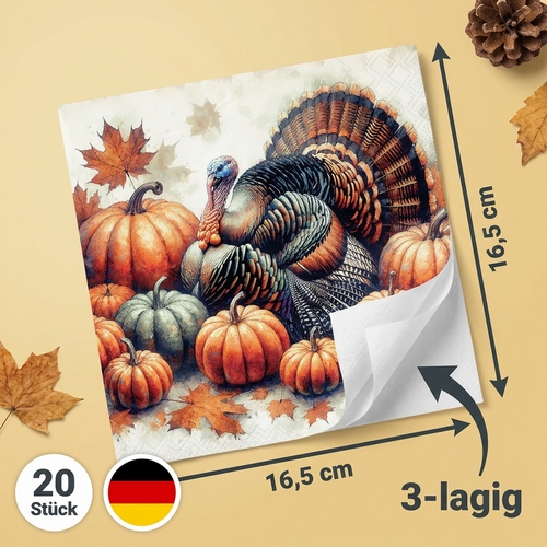 20 Servietten Turkey - Truthahn an Kürbisse 33x33cm