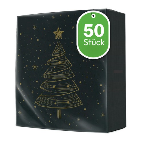 50 Servietten Elegant Christmas Tree black gold - Eleganter Weihnachtsbaum schwarz gold 40x40cm