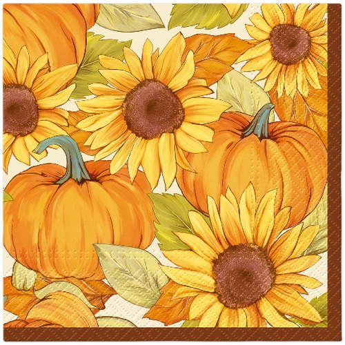 20 Servietten Pumpkin Sun - Kürbisse hinter Sonnenblumen 33x33cm