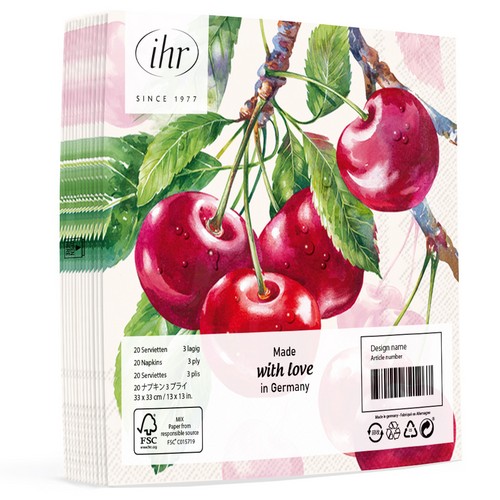 20 Servietten Cherry Fruits cream - Leckere Kirschen  33x33cm