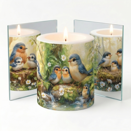 Kerze rund Forest Life Birds - Vogelgeschichten im Wald Ø 8cm, Höhe 9cm