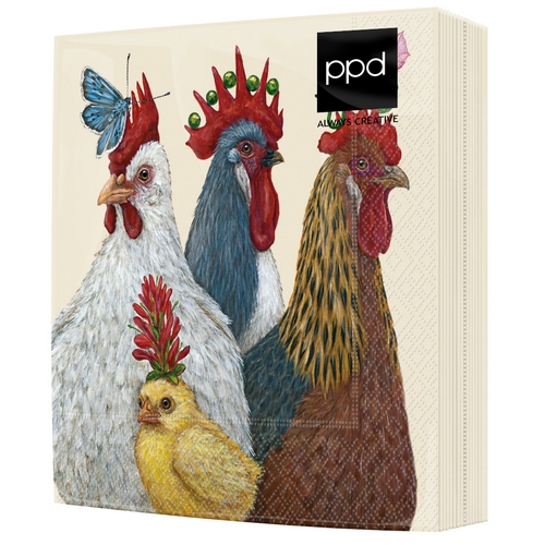 20 Servietten Party at the Coop - Hühnerfamilie mit Kopfschmuck 33x33cm