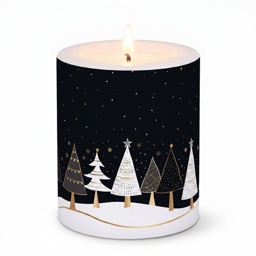 Kerze rund Black Winter Forest - Moderne Winterbäume auf schwarz Ø 8cm, Höhe 8,5cm