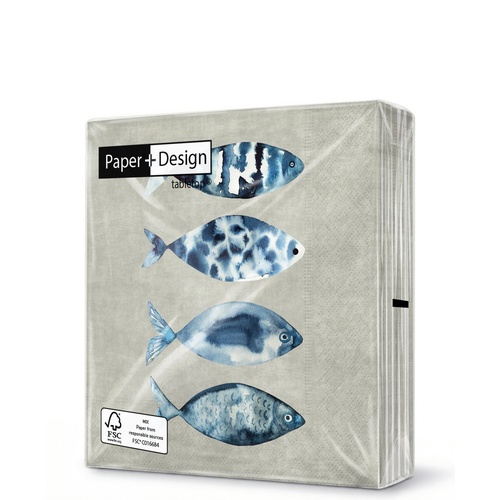 20 kleine Cocktailservietten High tide fish - Fische auf Betonfarbe 25x25cm
