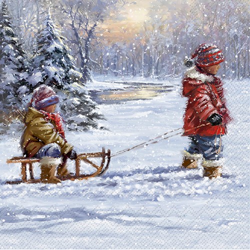 20 Servietten Winter Sleigh Ride - Kind zieht Schlitten 33x33cm