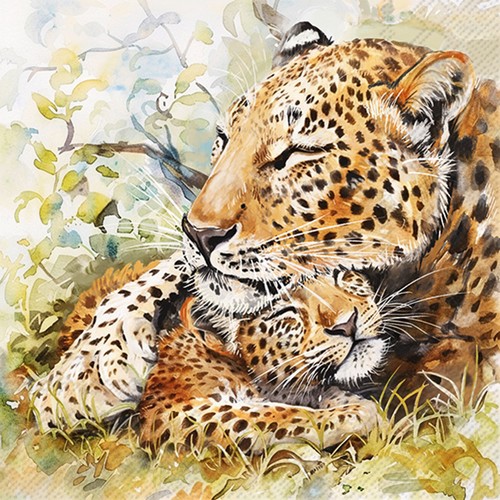 20 Servietten Leopard Family - Kuschelnde Leopardenfamilie 33x33cm