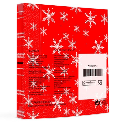 20 Servietten Snöflingör red - Weiße Schneekristalle auf rot 33x33cm