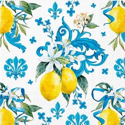 20 Servietten Sicilian Floral Whimsy - Zitronen an blauen Ornamenten 33x33cm