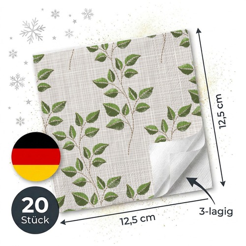 20 kleine Cocktailservietten Fall Embroidery - Naturzweige auf Leinenstruktur 25x25cm