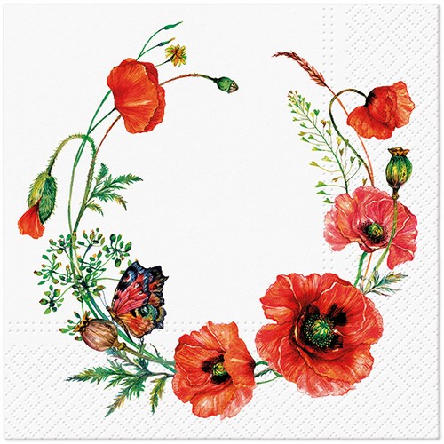 20 Servietten Poppy Aesthetic - Mohnblumen im Kranz 33x33cm