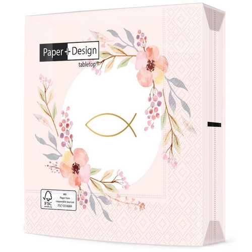 20 Servietten Communion rose - Festlicher Fisch um Blätter 33x33cm