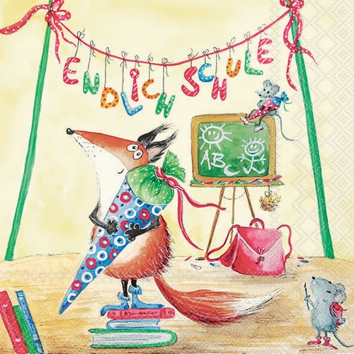 20 Servietten Endlich Schule - Fuchs mit Schultüte 33x33cm