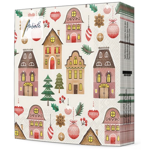 20 Servietten Christmas at Home cream - Einzelne Häuser und Bäume 33x33cm