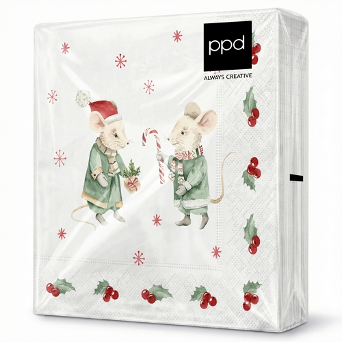 20 Servietten Winter Mice - Weihnachtsmäuse mit Geschenk 33x33cm