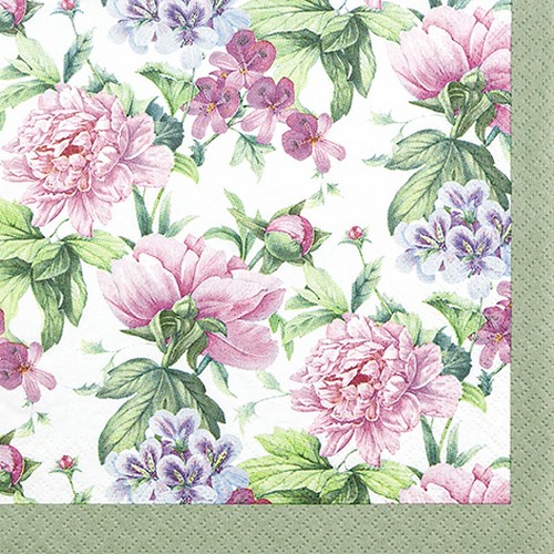 20 Servietten Botanical Romance - Pfingstrosen an grüner Bordüre 33x33cm