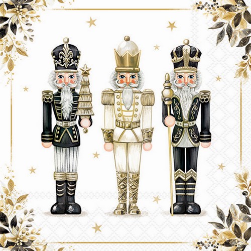 20 Servietten Royal Nutcrackers - Nussknacker-Trio in schwarz-gold 33x33cm
