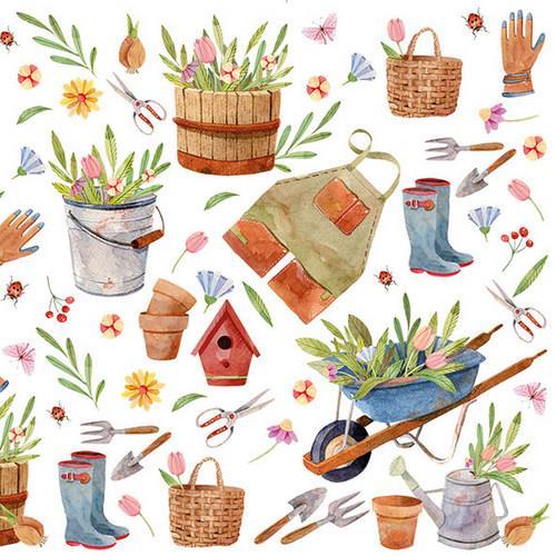20 Servietten Happy Gardening - Schubkarre und Pflanzeimer 33x33cm
