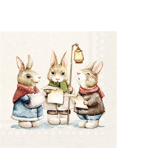 20 kleine Cocktailservietten Leise rieselt der Schnee cream - Singender Hasenchor  33x33cm