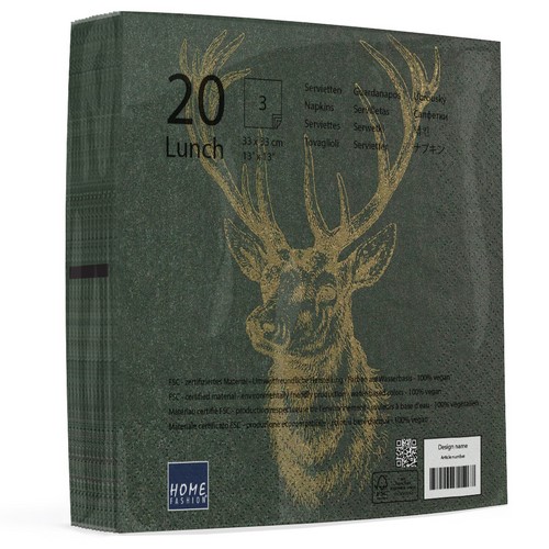 20 Servietten Classic Deer green - Klassischer Hirschkopf grün-gold 33x33cm
