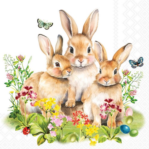 20 Servietten Bunny Family - Junge Hasenfamilie an Blumen 33x33cm