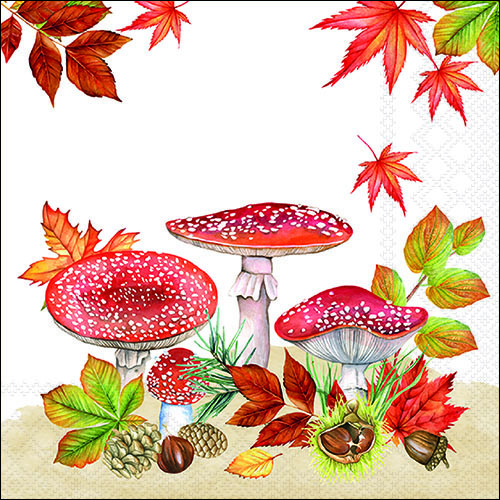 20 Servietten Fly Agaric Group - Fliegenpilze an Herbstblätter 33x33cm