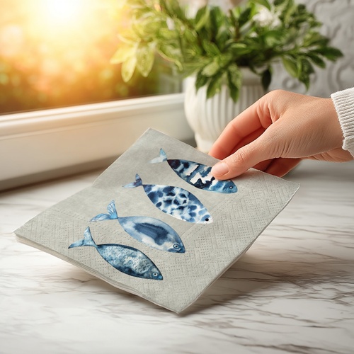 20 kleine Cocktailservietten High tide fish - Fische auf Betonfarbe 25x25cm