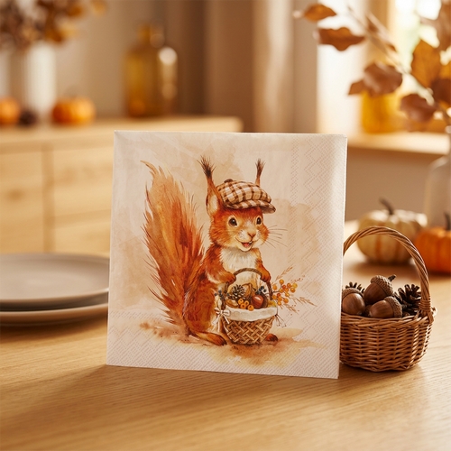 20 Servietten Monty cream - Eichhörnchen mit Herbstkorb 33x33cm