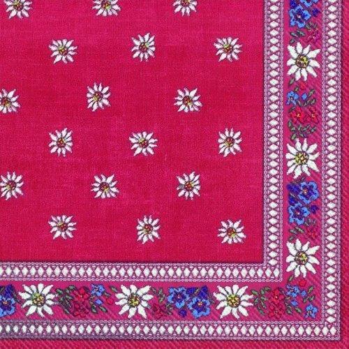 20 Servietten Edelweiss red – Edelweißblüten auf Rot 33x33cm